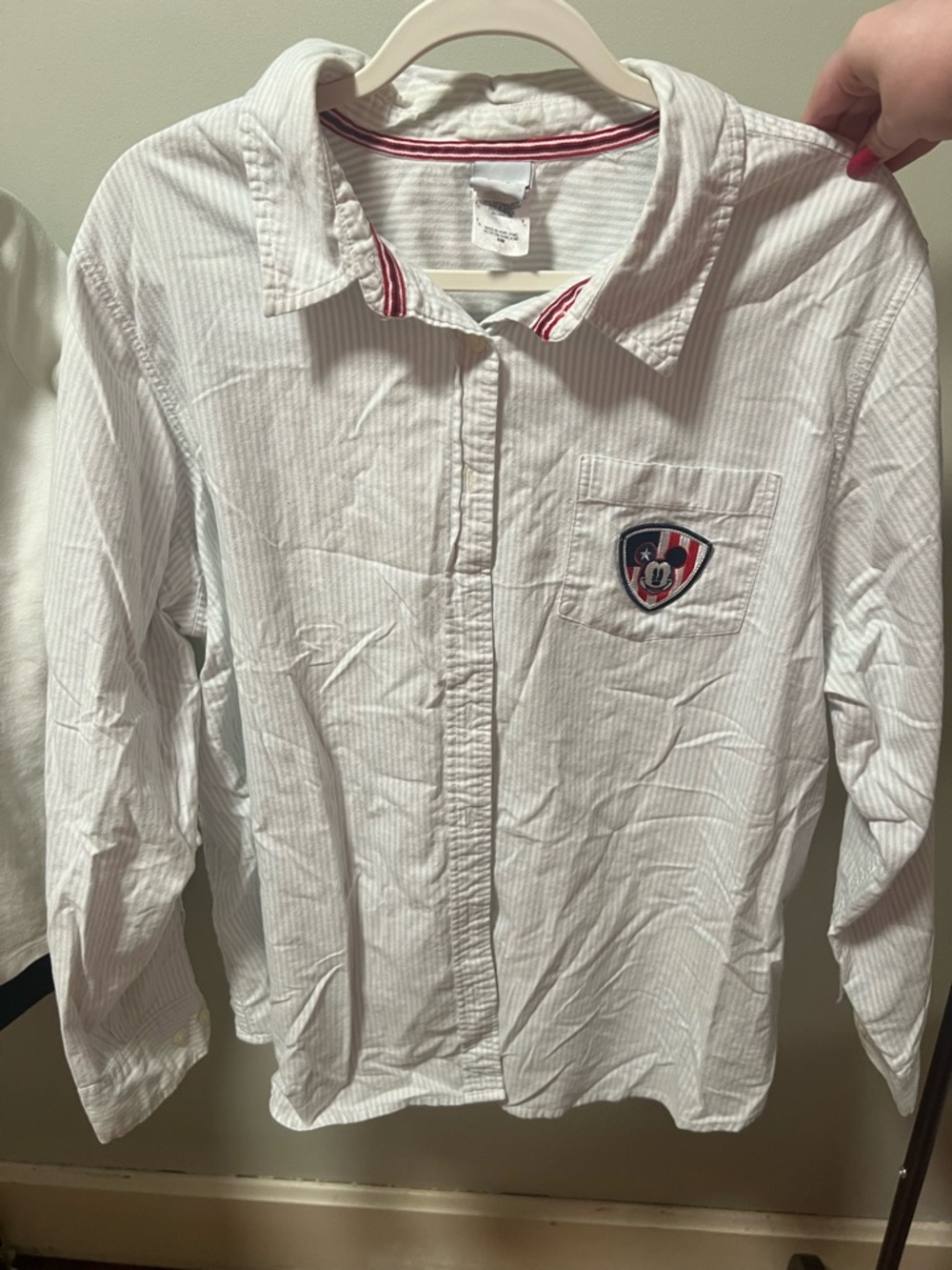 Vintage Disney White Button-Down Shirt with Red Accent and Crest